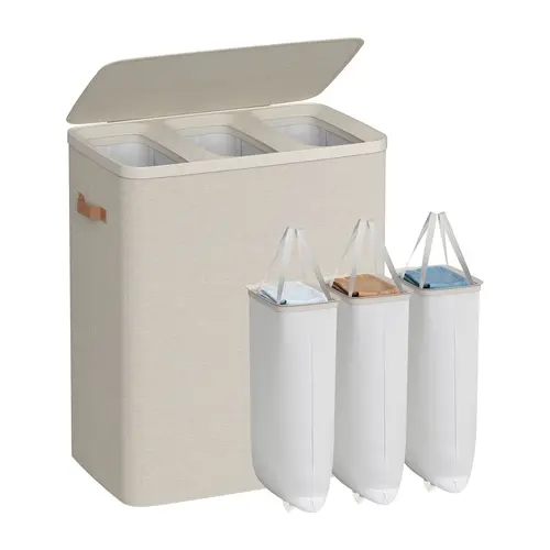 SONGMICS Polyester Fiberglass Modern 2-Section Multi-Compartment Laundry Basket with Lid, Handles, Removable Inner Bags - Dustproof, Water-Resistant, Easy Install Laundry Organizer for Home Use