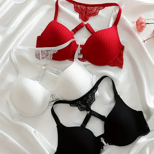 3pcs Elegant Lace Bra Set with Front Closure, High Support Push-Up Design & Contrast Lace Trim - Comfortable Non-Removable Padding, Sexy Floral Print For Women, Lingerie, Stylish Lingerie, Feminine Lingerie, Soft Fabric, Supportive Lingerie