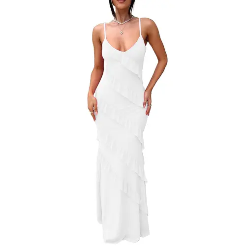 HOCILLE Ruffle Sleeveless Spaghetti Strap Mesh Maxi Dress, Elegant Summer Wedding Guest Gown, Sexy Backless Bodycon Dress, Trendy Beach Vacation Outfits for Women, Evening Party Dress,Formal Womenswear Cocktail dresses for women,sohochic