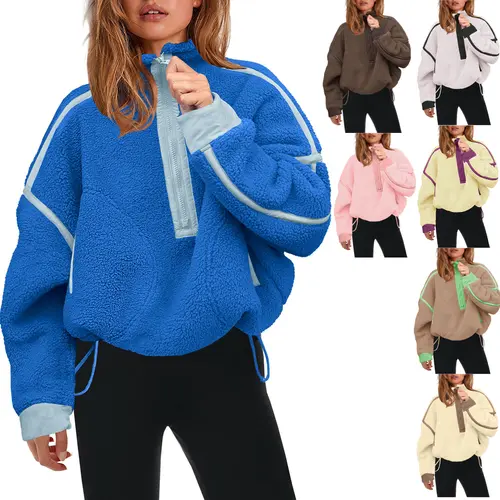 Yeokou Women's Fluffy Sherpa Teddy Fleece Half-Zip Pullover, Polyester Long-Sleeve Hoodie with Pocket, Loose Baggy Casual Layering Tops for Party Style,sohochic