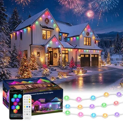 VALLERICO Permanent Outdoor RGBIC & RGBCW LED Eave Light Strips,50FT-300FT/100FT IP67 Waterproof Colorful Lights, Adjustable LEDs, 2.4G Remote Control & Bluetooth APP, Alexa/Google Assistant Compatible, Music Sync&Scene Modes for Holiday Decor,SohoChic