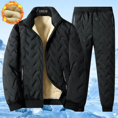 Men's 2-Piece Plaid Casual Winter Jacket Set - Long Sleeve Fleece Windproof Thick Padded Loose-Fit Mensfashion Outfit for Warmth