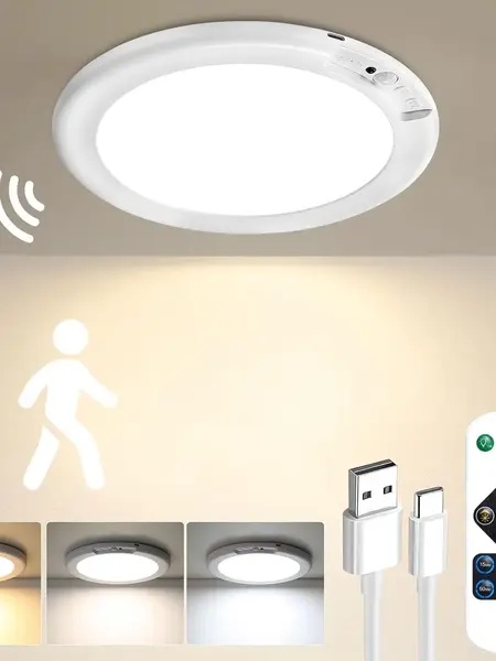 Rechargeable Motion Sensor Ceiling Lamp - Magnetic Wireless Battery-Powered Multifunctional Lighting with Remote, Auto Shut-Off, Customizable LED Color Changing Ambient Lighting, Ceiling-Mounted for Closet, Stairs, Rechargeable Lamp