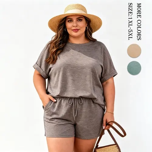 Aswulk Plus Size Womens 2 Piece Lounge Sets Oversized Short T-shirts Rolled cuffs Drawstring Shorts Pajamas Summer Outfits