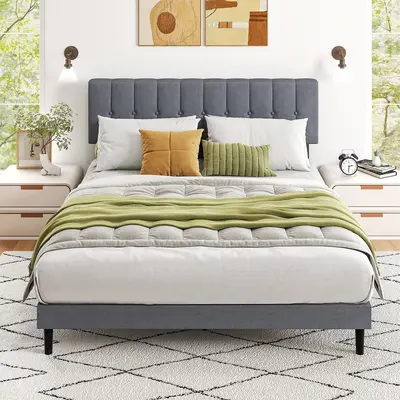 Sweetcrispy S-Linen Upholstered Platform Bed Frame - Bedroom Furniture, Contemporary Apartment Bed, Twin/Full/Queen Sizes with Sponge, Density Board, Iron Components, Contemporary Bed