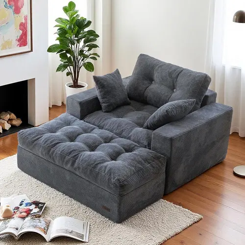 MAXYOYO Oversized Chaise Lounge Sofa, Upholstered Lounge Chair with 3 Pillows Indoor, Tufted Boneless Sofa Couch with Ottoman, Deep Seat Sleeper Chair for Living Room, Bedroom, No Assembly, SohoChic