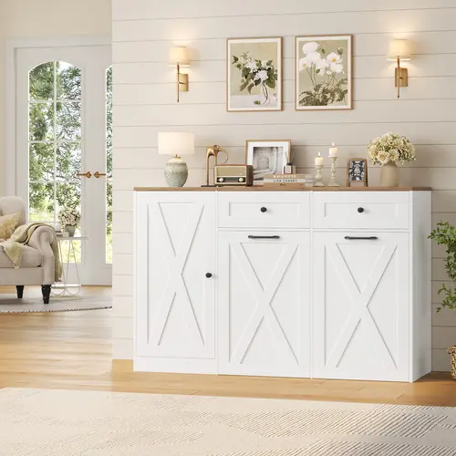 HOSTACK 47" Farmhouse Double Trash Can Unit - 12.5 Gal Hidden Kitchen Storage with Pull-Out Garbage Bins, Modern Storage Sideboard Buffet for Kitchen & Dining Room, Modern Storage Cabinet
