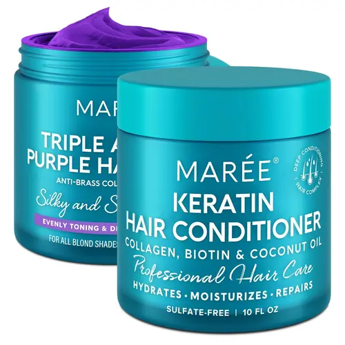 Hair Mask BUNDLE - Keratin Hair Mask 10 oz & Purple Hair Mask 10 oz - MAREE Hydrating Hair Care Daily Hair Care