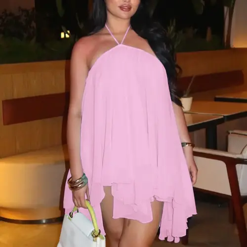 Women Summer Halter Sleeveless Backless Party Club Chiffon Basic Midi Dress Summer Halter Dresses