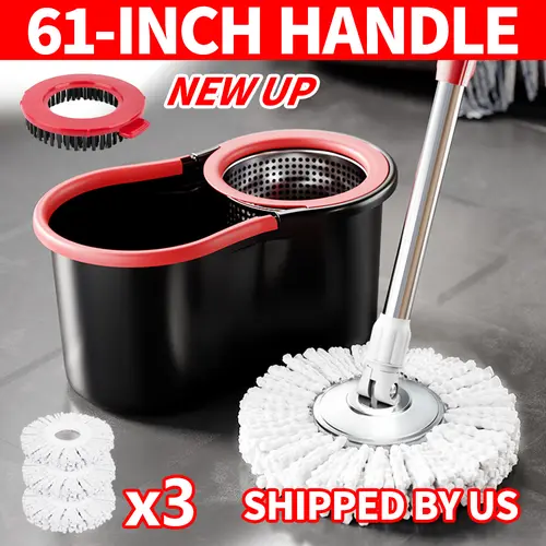 Mop Bucket Set with 360° Spin Mop and Bucket System 3 Microfiber Heads 61In Adjustable Handle Easy Home Floor Cleaning