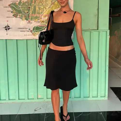 Women's Two-piece, Fitted Solid Color Sleeveless, Spaghetti Strap Cami Top & Bodycon Midi Skirt Set, Backless Adjustable Strap, Party Club Date Holiday Outfits, Ladies Daily Casual Suits Sets Summer Clothes, Casual Chic Camisole Set