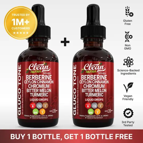 Clean Nutra Berberine Drops Organic Ceylon Cinnamon, Bitter Melon, Glucomannan, Chromium, Turmeric, Organic Panax Ginseng, for Clean Fitness and Blood Sugar Supplement Liquid Drops – Gluco Tone