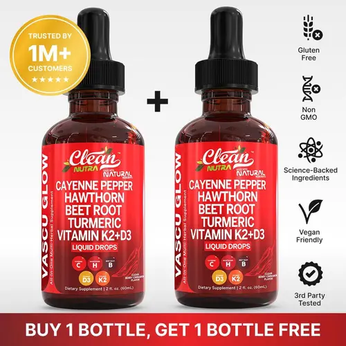 Clean Nutra BOGO | Cayenne Pepper Drops Supplement + Hawthorn Berry, Vitamin D3 K2, Organic Beet Root Powder, Ceylon Cinnamon, Turmeric Curcumin, Panax Ginseng & More Health Wellness Supplement Liquid Drops – Vascu Glow