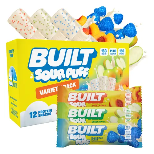Official Built Bar Sour Puff Variety Box Triple Flavor Mixed Pack, Gluten Free Collagen Protein Candy Snack Bars 12 Count Box 16g Protein 150 Calories