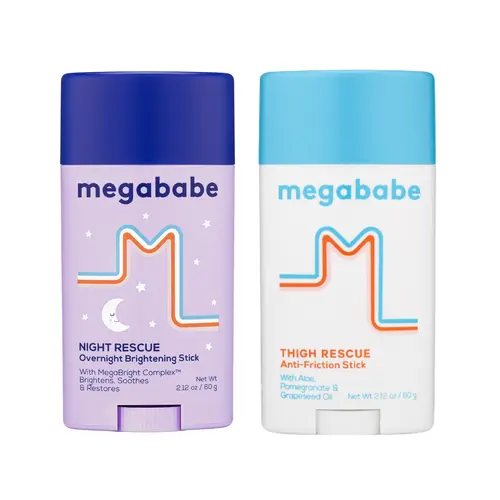 Megababe Chafe Rescue and Recover Skin Care Kit - Day & Night Body Care Essentials, Thigh Anti-Chafe Stick, Brightening Stick for Discoloration
