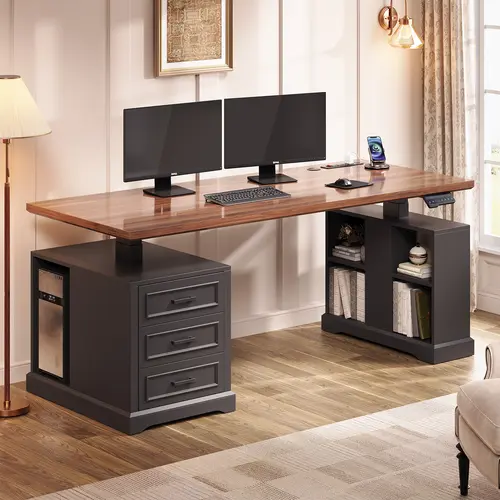 Sedeta Ergonomic Height-Adjustable Electronic Standing Desk - 63"L×27"W Worktop, Rustic Home Office Workstation, Computer Desk Setup for Dual Monitor/Gaming, 3 Wooden Drawers, Textured Groove, Thick Base, 2 Open Shelves, 3 AC Outlets, Fatigue Reduction