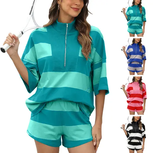 Molitree Women's Striped 2-Piece Workout Set - Half Sleeve Oversized Lounge Top, Cotton Athletic Shorts with Pockets, Matching Sets for Gym Casual Athleisure Wear
