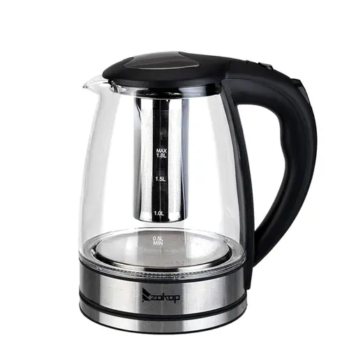 ZOKOP 1800W 1.8L Multifunctional Stainless Electric Glass Kettle with US Plug Fits Home Outlets (110V, 50-60Hz), LED Light, 5-Minute Auto Shut-Off, Boil-Dry & Overheat Guard, BPA-Free, 304 Steel Heating, 360° Easy Docking, Ergonomic Design for Coffee, Tea