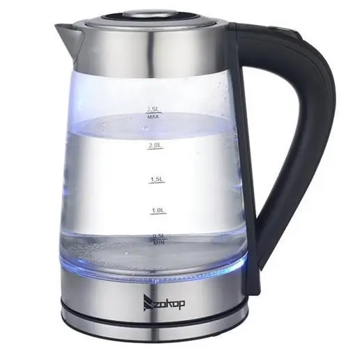 ZOKOP 110V 1100W 2.5L Stainless Steel Light Household Electric Kettle - Blue Glass, Auto Shut-Off, Boil-Dry Safe, Overheat Protection, Ergonomic Easy-Grip Handle, Lid Release Button, LED Illuminated, Ideal for Home & Office,sohochic