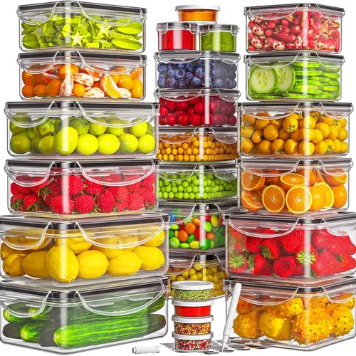 Reusable Square Polypropylene Kitchen Gadgets Set (25 Containers + 25 Lids) - Airtight, Washable, Durable, Light PP for Easy Carrying, Freezer-Safe, Microwave-Reheat Food Storage with Labels & Marker Pen for Fridge Meal Prep