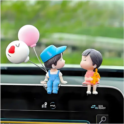 Cute Kissing Couple Resin Figurine Set, Boy Girl Pack Decorative Car Dashboard Ornament with Balloon, Peel-and-Stick Romantic Car Interior Decor, Ideal Gift
