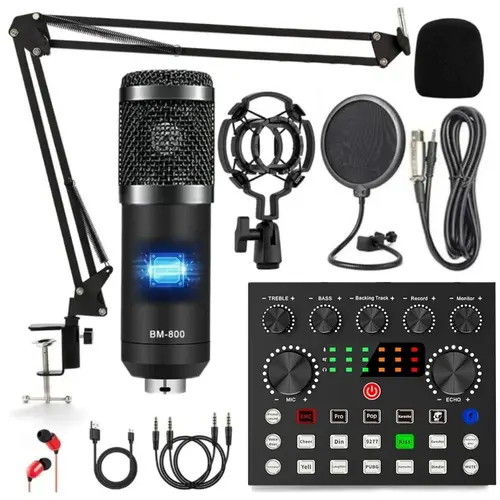 Safring Podcast Equipment Bundle - BM800 USB Rechargeable Condenser Microphone with V8s Live Sound Card, Micro USB, Voice Changer, Desk Clamp for Podcasting, Live Streaming, Singing (Windows, Twitch Compatible)