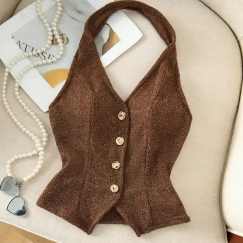 Women's Knit Halter Neck Vest, Casual Fitted Sleeveless, Button-Up Slim Fit Waist-Cinching Open-Back Top. Made with Soft, Comfortable & Breathable Fabric, perfect for daily commutes, shopping trips, and casual hangouts
