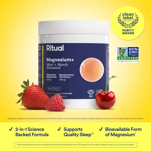 Ritual Magnesium+ Drink Mix Supplement with Tart Cherry - 30 Servings, 300mg Magnesium Bisglycinate & 480mg Montmorency Tart Cherry, Sugar-Free Berry Flavor Dietary Fitness