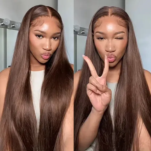 Pizazz Chocolate Brown Straight Glueless Wigs 13x6 HD Transparent Lace Frontal Wigs Human Hair Pre Plucked Pre Bleached Pre Cut Glueless Wig Adjustable Drawstring Wig Beginner-Friendly