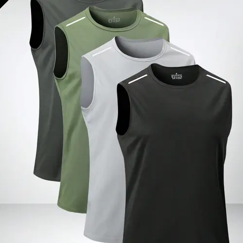 Unisex 4-Pack Fitted Quick-Dry Sleeveless Sports Vests with Reflective Shoulder Strips - Breathable Workout Tops, Running/Biking Sportswear, Summer Outdoor Apparel, Father's Day Gift, Dark Gray+White Assortment