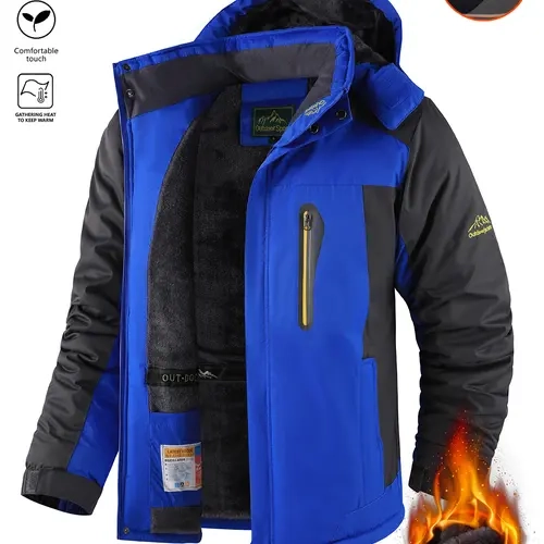 Men's Fitted Winter Active Snow Jacket - Fleece-Lined, Waterproof, Windproof Hooded Thermal Outerwear for Skiing, Hiking, Active Jacket