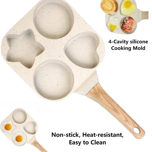 4-Cup Heart-Shaped Nonstick Egg Frying Pan - Silicone-Coated, Oil-Saving, Compact Kitchen Supplies with Wooden Handle, Multi-Section Omelet Maker for Eggs, Pancakes, Burgers, Easy-Clean Cookware (Wedding Gift Suitable), Campers sohochic