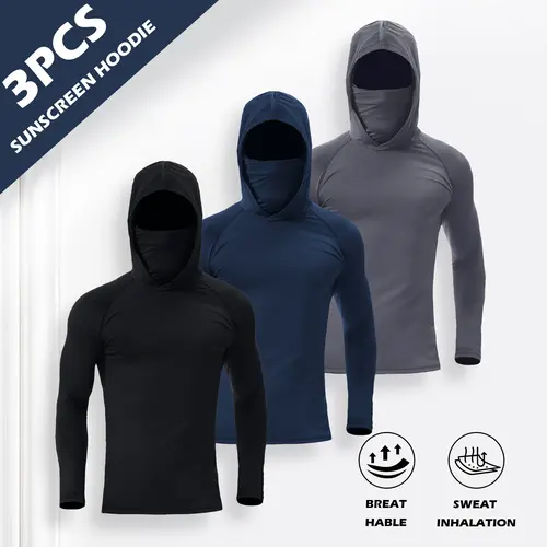 3 Pack Men's Longsleeve Athletic Hoodie, Windproof Breathable Quick-Dry Compression Shirt with Built-in Face Mask for Outdoor Sports, Athletic Apparel, Breathable Sports Hoodie, Longsleeves Hoodie