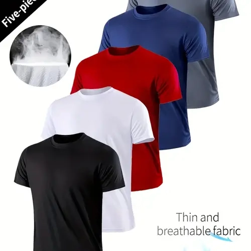 Men's 5-Pack Casual Athletic T-Shirts - Breathable Polyester, Crew Neck, Solid Colors, Short Sleeve Tee, High Elastic, Athleisure Street Fit, Classic Fit Tops, All-Season Casual Sportswear for Running