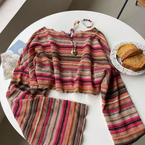 Women's Colorful Striped Textured Loose Fit Knit Top with Flare Long Sleeves, Casual Comfortable Fashion Top for Spring & Fall, Knit Pullover Tops for Vacations, Knitwear, Womenswear, Knitted Clothes