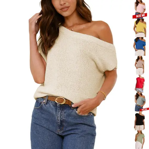 Yeokou Womens Off Shoulder Sweater Y2K Short Sleeve Ribbed Knit Pullover Date Night Top Blouse Womenswear Soft,summerwins,back to school,back to school shopping,sohochic