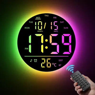 EASYERA 10" Large Circle Digital Wall Clock with Remote Control, Music-Sync, Round clock with RGB Atmosphere Lights with 11 Scenes Mode, Dual Alarms, Timer Clock for ADHD, Focus Tool, Classroom, Game, Halloween Decor Auto Dst Adjustment