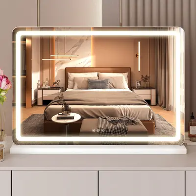 Sweetcrispy LED-Powered Adjustable White Square Vanity Mirror - Durable Aluminum Modern Backlit Tabletop, 3-Color Warm/Cool/Neutral Dimmable Lights, Touch Control, High-Def, Interior Lighted, Last-Set Memory Auto Recall, Bathroom Dresser Room Accessories