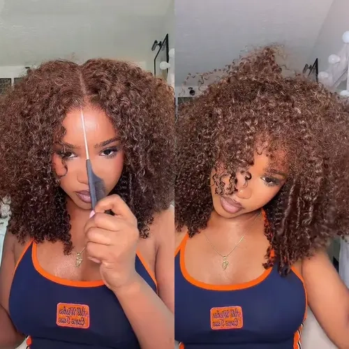 UNice 250% Density Glueless Chocolate Brown Afro Kinky Curly Wig 7x5 Lace Closure Human Hair Wigs with Drawstring Pre Plucked Hairline Bleached Knots Beginners Friendly summerwig