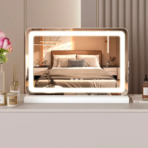 Sweetcrispy LED Lighted Square White Vanity Mirror - Adjustable Lighting, 3 Dimmable Color Modes, Touch Screen Control, Modern Home/Bathroom Decor, Room Accessories, Household Items, Vanity & Apartment Accessories