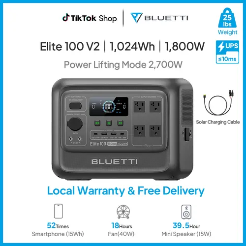 BLUETTI Elite 100 V2 1024Wh Portable Power Station, LiFePO4 Battery Solar Generator w/ 4 1800W AC Outlets (3600W Surge) Backup, 35% Smaller for Camping, Outages (Solar Panel Optional)