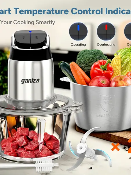 Ganiza Food Processor with 8 Cup Glass Bowls & 8 Cup Stainless Steel 2-Speed Food Chopper Meat Grinder Upgraded Button & Smart Overheat Protection Light - Includes Clean Brush 2 Sets of Blades Kitchen Vegetable Cutter Kitchen Appliances