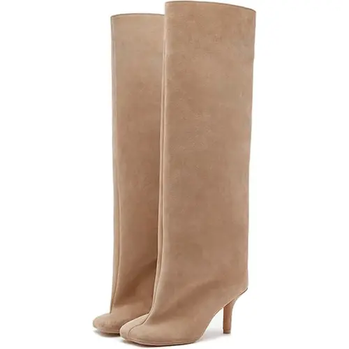 EROCALLI Women's Chic Nude Suede Square Toe Knee High Boots - Wide Calf, Kitten Heel, Slip On, Above the Ankle but Below the Knee, Square Toe Ease Winter Women's Shoes for Ladies,sohochic