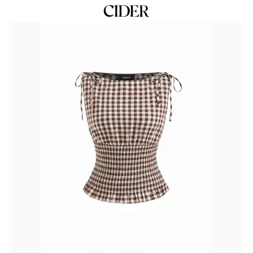 Cider Boat Neck Gingham Shirred Lettuce Trim Knotted Tank Top