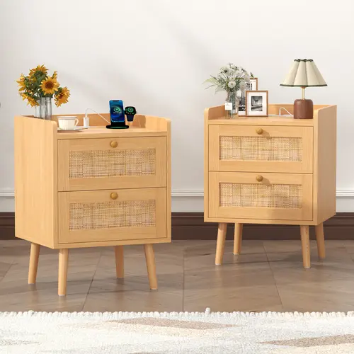 Rattan Nightstand with Charging Station, Rattan Boho End Table with 2 Drawers Bedroom Bedside Side Tables Natural Night Stand for Living Room,Bedroom,Dorm Room Essentials fathers day gift ideas