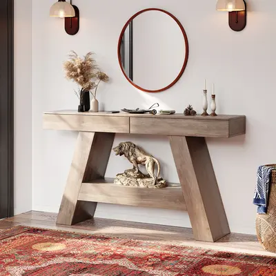 【DealsforYouDays】ONBRILL 55" Rustic Wood A-Frame Console Table Entryway with 2 Drawers - Narrow, Modern Accent Tables, Easy Setup for Hallway, Living Room