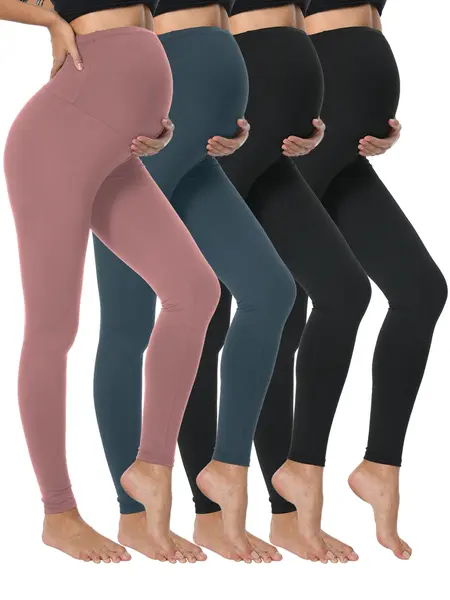 Women's 4-Pack Full Length High-Waisted Maternity Leggings - Over The Belly Bump Friendly Outfits with Support, Versatile Use Athleisure Clothing & Accessories, Workout-Ready Activewear for Yoga, Maternity Clothing