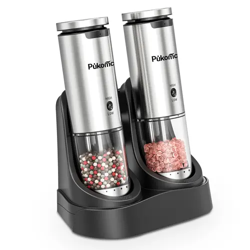 【Spotlight Day】PUKOMC Electric Salt and Pepper Grinder Set with Charging Base, 6-Level Visible Coarseness Adjustment, High & Low Speed Settings, LED Light, Stainless Steel Automatic Pepper Mill, White Elephant Gift, SohoChic, Modern