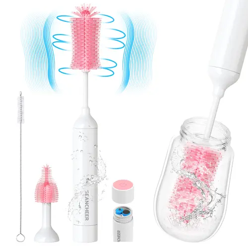SEANCHEER S02 Electric Bottle Brush Set, Portable Baby Bottle Brush Cleaner, AA Battery-Powered & IPX7 Waterproof, with Silicone Bottle/Nipple/Straw Brush, for Home & Travel Gifts Bottlewasher Newborn Infant,back to school,back to school haul