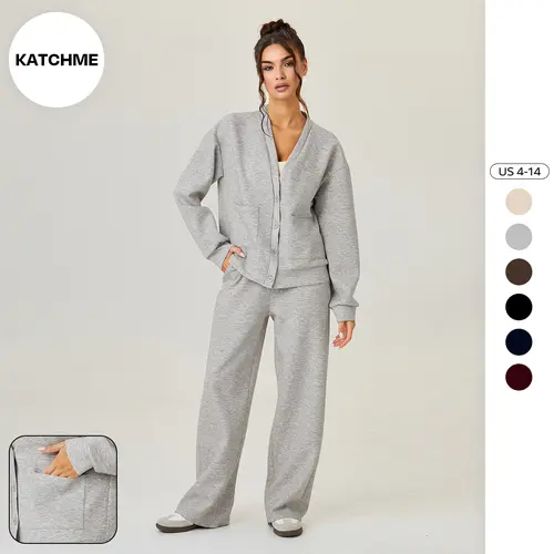 Katch Me Chic(US/CN)Women's Slouchy Solid Color V Neck Long Sleeve Button Cardigan & Drawstring Waist Trousers Co-ord, Soft Two Piece Sets for Fall & Winter